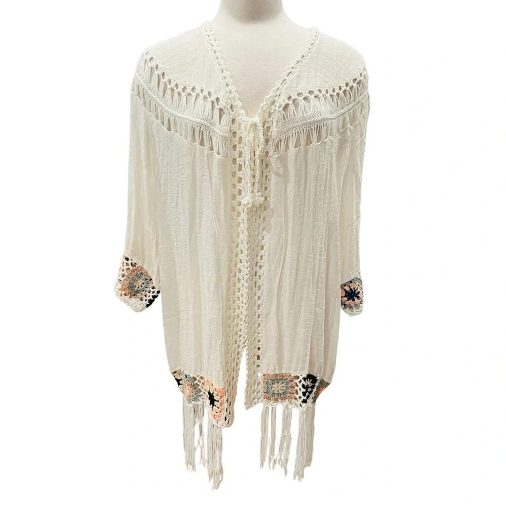 RAIN Boho Open Front Crochet Fringe Cardigan Large NWT